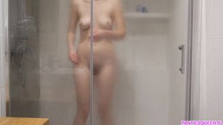 Step sister with unshaven pussy takes a shower