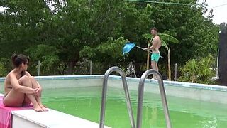 My boyfriend watches me sunbathe while the maintenance guy cleans our pool. My boyfriend pays him a fortune so in addition to cleaning the pool he shows me his ass