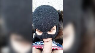 blue-eyed masked girl sucking and giving ass