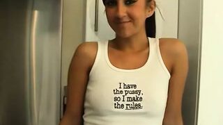 Slutty schoolgirl with perky tits strips in her room