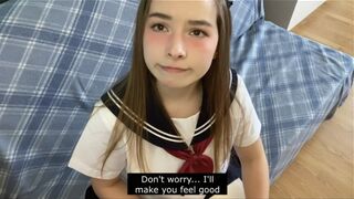 Cutie in Japanese school uniform touches your cock and gets embarrassed