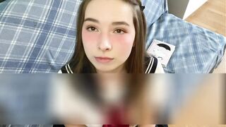 Cutie in Japanese school uniform touches your cock and gets embarrassed