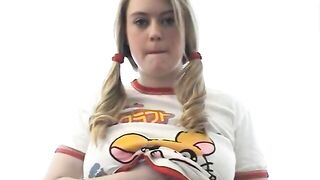 This tiny blonde babe gets horny and takes off her anime clothes