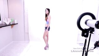 Girl with skinny body learns to be model in real studio