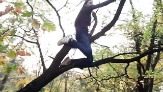 Girl climbed a tree to rub her pussy on it - Lesbian-illusion