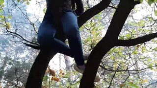 Girl climbed a tree to rub her pussy on it - Lesbian-illusion