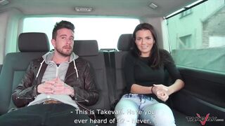 Sexy cutie get into the car and enjoy horny group fuck, three babes on one dude