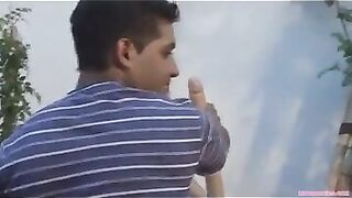 Shemale and guy sensual fucking in garden