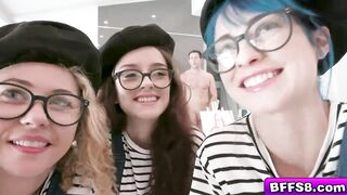 Besties pops out their wet pussies and gets a hard dick down from the lucky stud