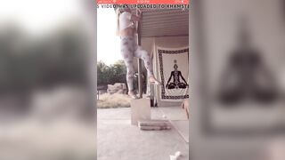 She got on a pole in backyard