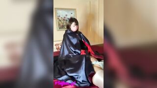 satin fetish handjob
