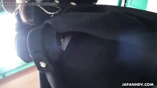 Asian babe with a hat on sucks a fat dick slowly