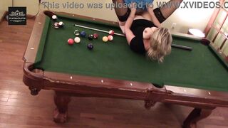Hot MILF wife gets a hard handling on pool table. Huge tits rocking.