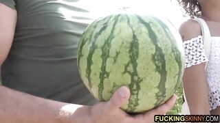 skinny curly babe fucks tight pussy outside