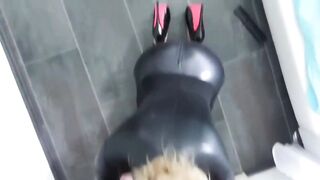 Blonde Slut In Black Latex Spandex Catsuit Fucked