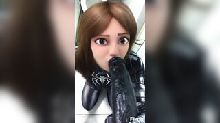 Spidergirl trying to deep throat a massive black dildo.