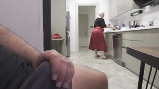 Caught jerking off while watching my Huge ass Hijab Stepmom.