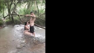 Fucking the bitch in the rainstorm at the waterfall