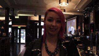 Beautiful and very slutty slut shows her ass in public while pissing between her legs