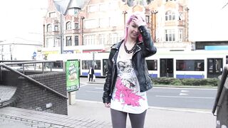 Beautiful and very slutty slut shows her ass in public while pissing between her legs