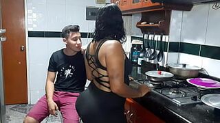 My stepmother gets horny in the kitchen. what a rich pussy it has