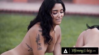 MOMMY'S BOY - Latina Stepmom Queenie Sateen and BFF Vanessa Sky Take Turns With Stepson's Big Dick!
