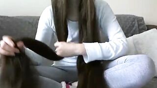 Cute Long Haired Brunette Hair Oiling and Hairplay