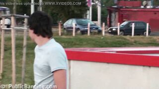 PUBLIC gangbang orgy with a cute teen