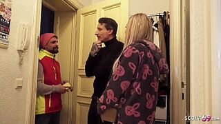 German Teen Couple talk postman to Fuck his Girlfriend while he watch