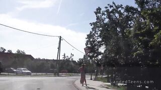 Hungarian guy fucks busty stranded teen in his van