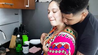 I suck my stepsister's delicious pussy in the kitchen.