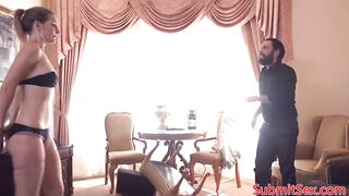Blonde bondage sub anal fucked before foot job