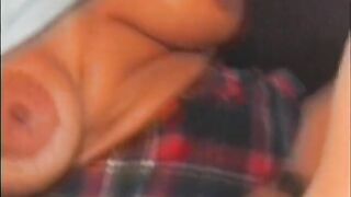 Ebony chick with huge round boobs is relaxing after school