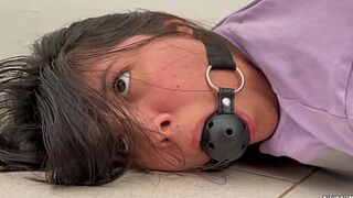 Ball Gagged Girl Struggle In Barefoot Tape Bondage