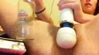 Kinky Brunette Masturbates with Bottle and Dildo