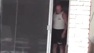 Old lady fucks in backyard by the pool