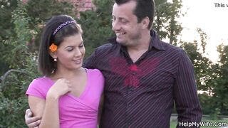 Lovely brunette cuckold husband
