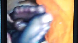 Black nylon footjob with big cumshot