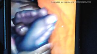 Black nylon footjob with big cumshot