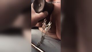 Dildo pleasure while pussy is clamped