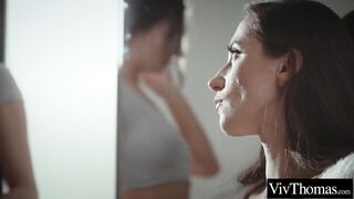 Lesbian brunettes explore each others shaved pussies