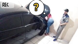 Naughty mechanic attending to madam with her broken car alone in the workshop!