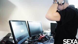 Sexy model sucks and rides her lover's cock behind the scenes