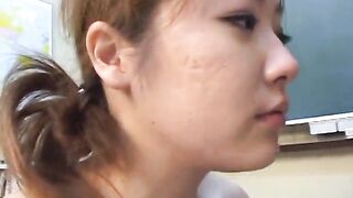 Three Asian highschool girls sucking on cocks