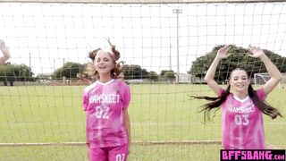 Squirter soccer teen Freya von Doom and BFFs playing with coachs big balls