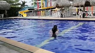 I take young brunette to the pool, inside it we began to kiss and grope the private parts until we warmed up and fucked in the bathroom