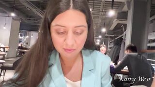 Two shameless chicks have lunch without panties at the mall in public