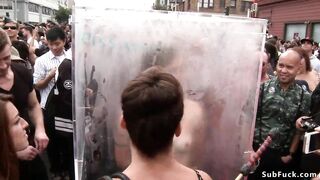 Blonde slut gangbanged in public