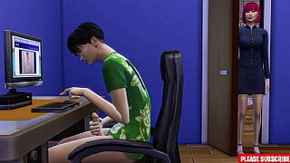 Japanese step-mom catches step-son masturbating in front of computer