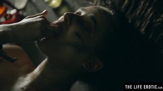 Watch her oil up her big natural tits as she masturbates wildly